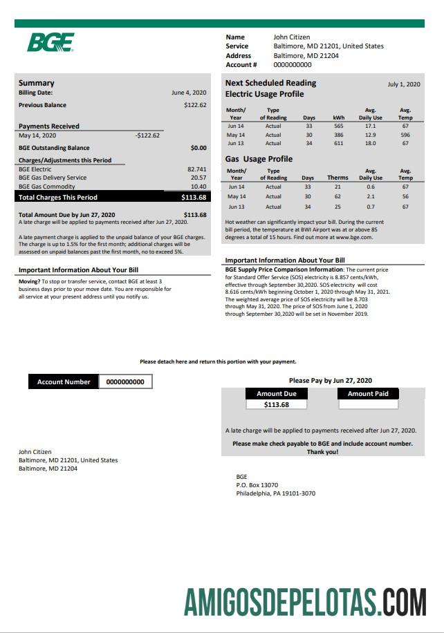 Em branco modelo de conta de serviços públicos de gás e eletricidade dos EUA Maryland BGE em formato Word e PDF